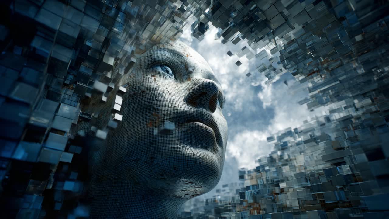 A futuristic digital representation of a human face surrounded by fragmented structures, portraying the convergence of technology and humanity amidst a cloudy backdrop, emphasizing creativity and innovation