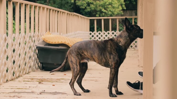 Profile view of patient dog concentrated on off-screen ball, ears move back and forth