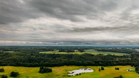 panoramic aerial view of a lush green rural landscape with forests and fields under an overcast sky