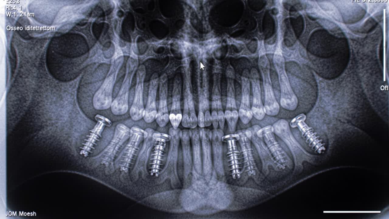 An examination of a dental X-ray revealing several dental implants strategically placed in the lower jaw to restore functionality and aesthetics to the smile.