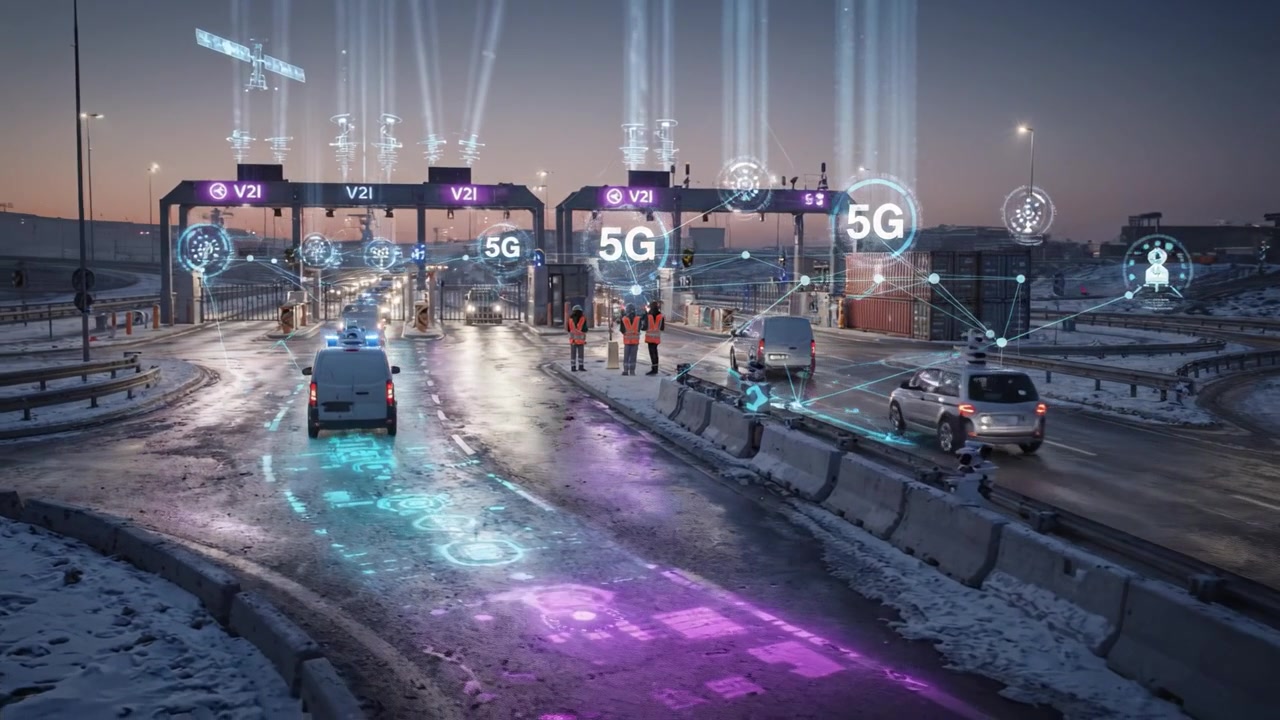 Casello Autostradale Futuristico con Tecnologia Avanzata all'Alba con Veicoli e Lavoratori: Uno Sguardo ai Moderni Sistemi di Trasporto di Domani