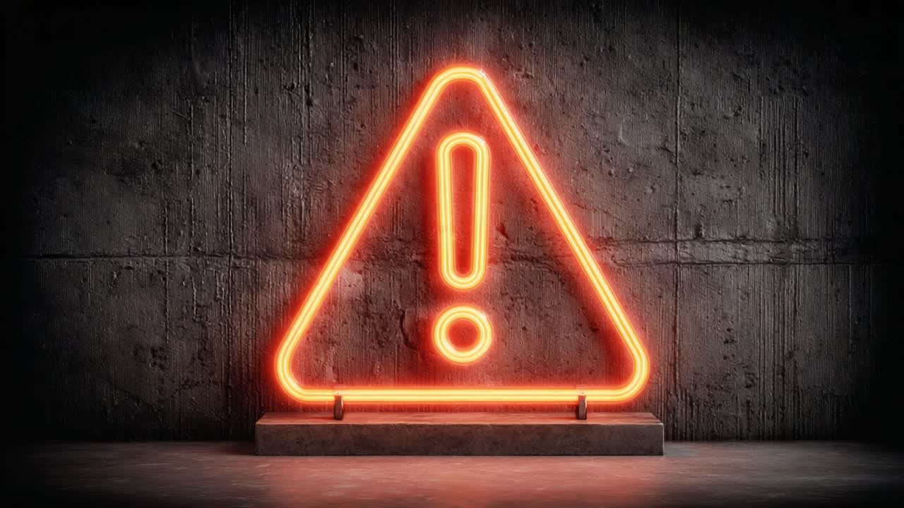 Illuminated Warning Sign Displaying an Exclamation Mark in a Striking Neon Orange Color Against a Dark Concrete Background, Signifying Caution and Attention