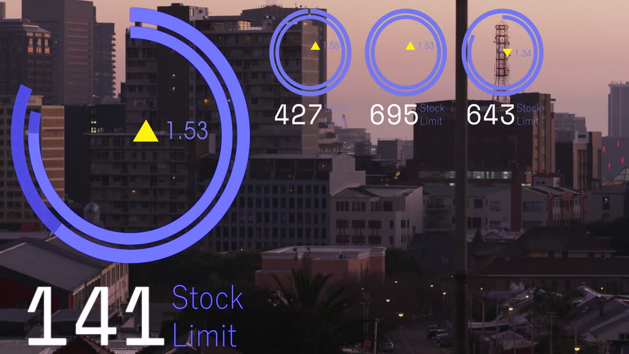 주식 시장 데이터 처리의 애니메이션 도시 풍경의 공중 전망에 대해