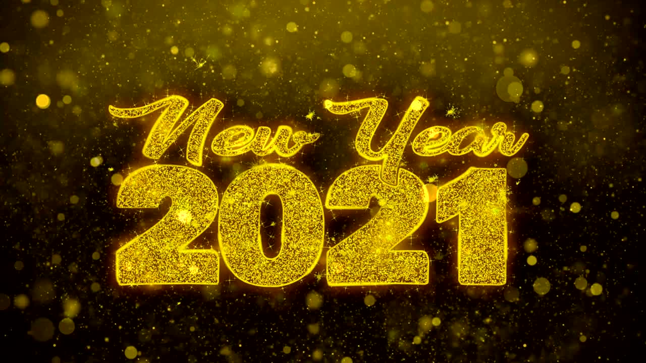 Testo di auguri Buon Anno 2021 su animazione di particelle scintillanti dorate