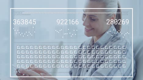 animation of graphs, changing numbers, loading squares, caucasian woman using laptop and cellphone