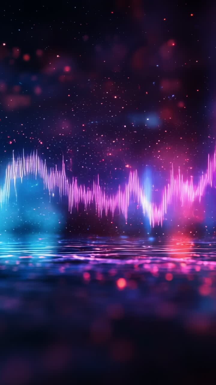 Colorful sound waves in abstract design. Bright and colorful sound wave patterns move across a dark background, creating a vibrant and energetic atmosphere.