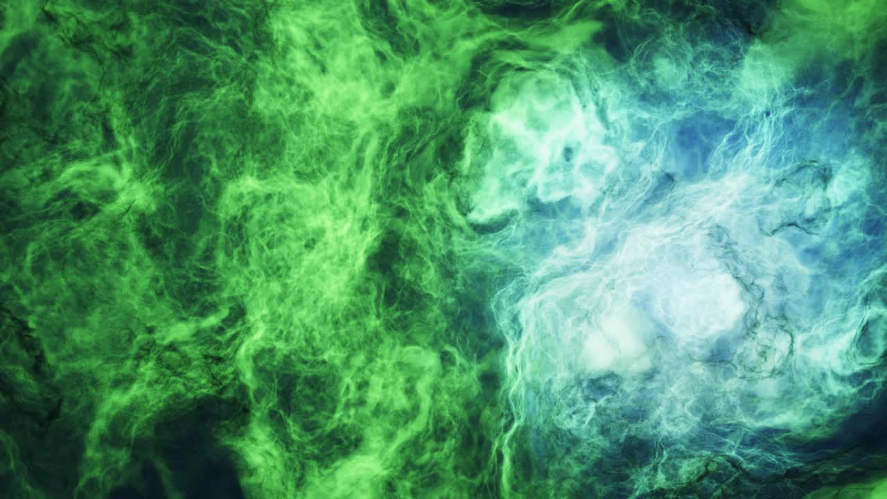 яркая нейтронная звезда, окруженная бесконечными петляющими разноцветными облаками зеленой и тиловой космической туманности