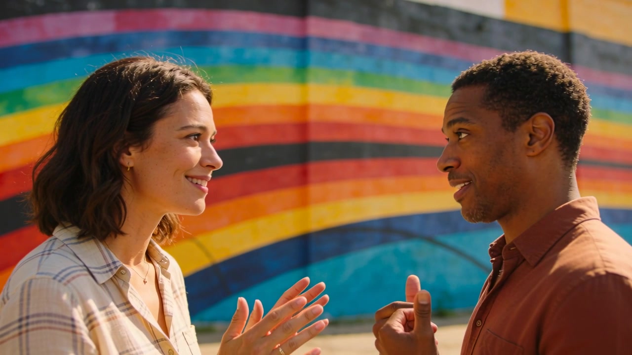 Donna che apre la bocca, coppia in plaid, maglie color ruggine che battono le mani, chiacchierando davanti a un murale arcobaleno