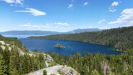 emerald bay, lake tahoe, california usa. establishing drone shot