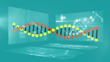 파란색 배경에 과학적 데이터 처리 위에 회전하는 dna 가닥의 애니메이션