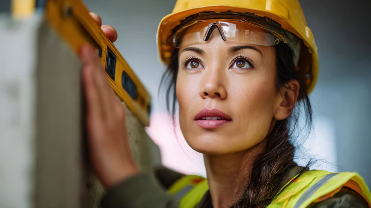 Professional female construction worker inspecting a wall with a level tool, showcasing determination and precision in her craft, embodying strength and competence within the construction industry