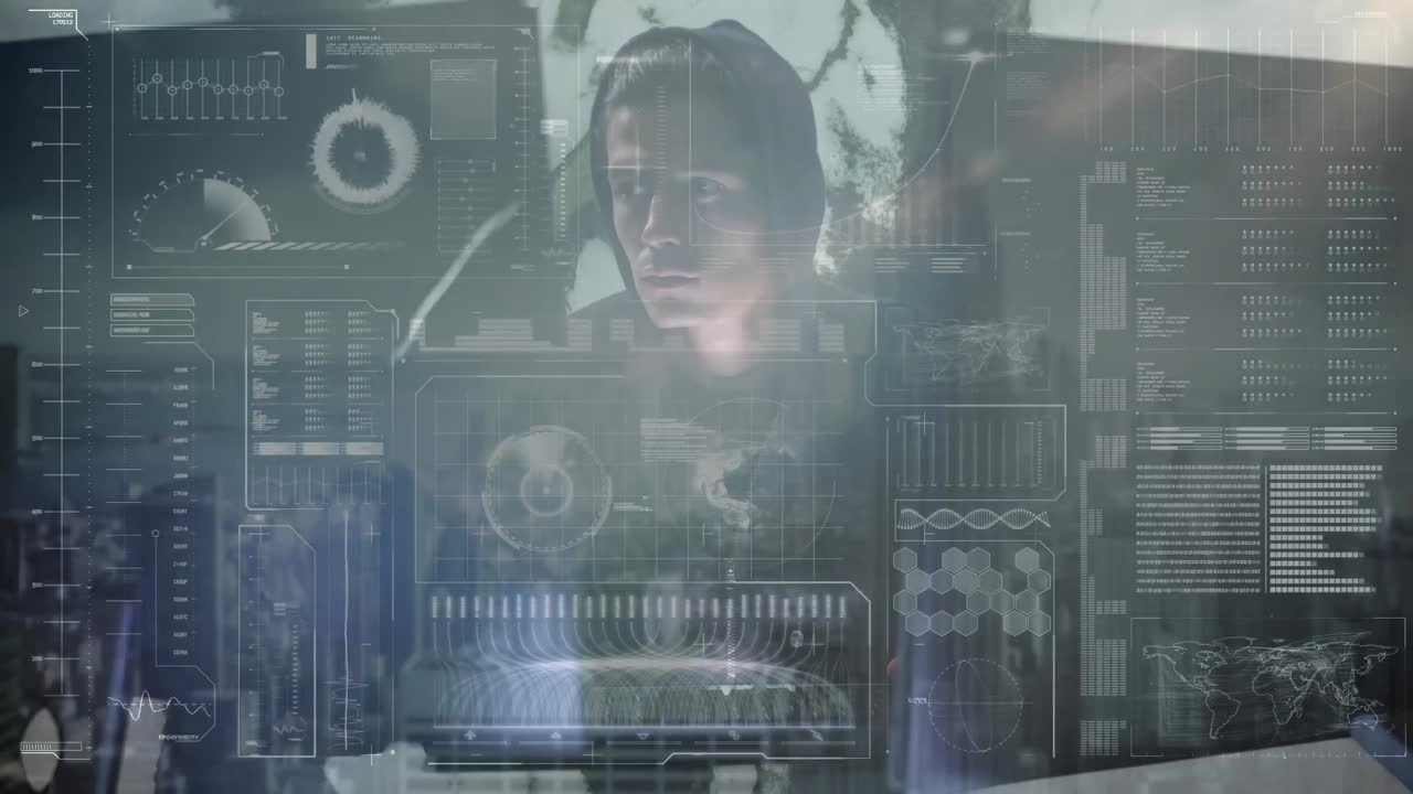 animación de hombre encapuchado pirateando computadora