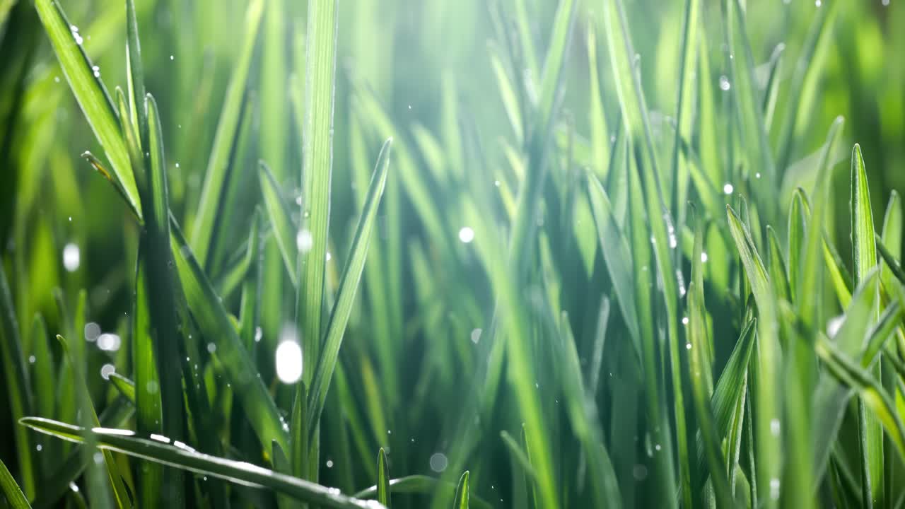 зелёная трава вблизи. капли дождя медленно падают на траву. снимок с супер медленной камеры.