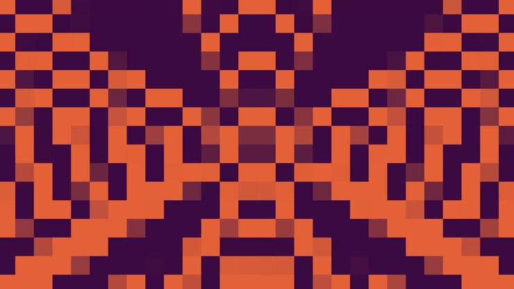 Vibrant zigzag pattern of pixelated purple and orange squares