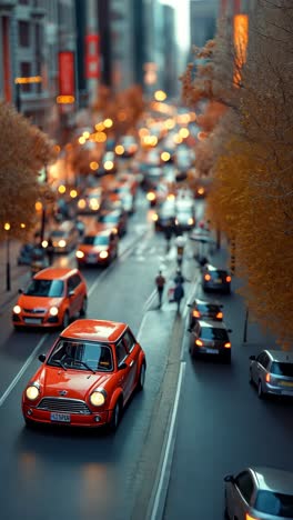 bright orange car navigating a bustling urban street filled with traffic