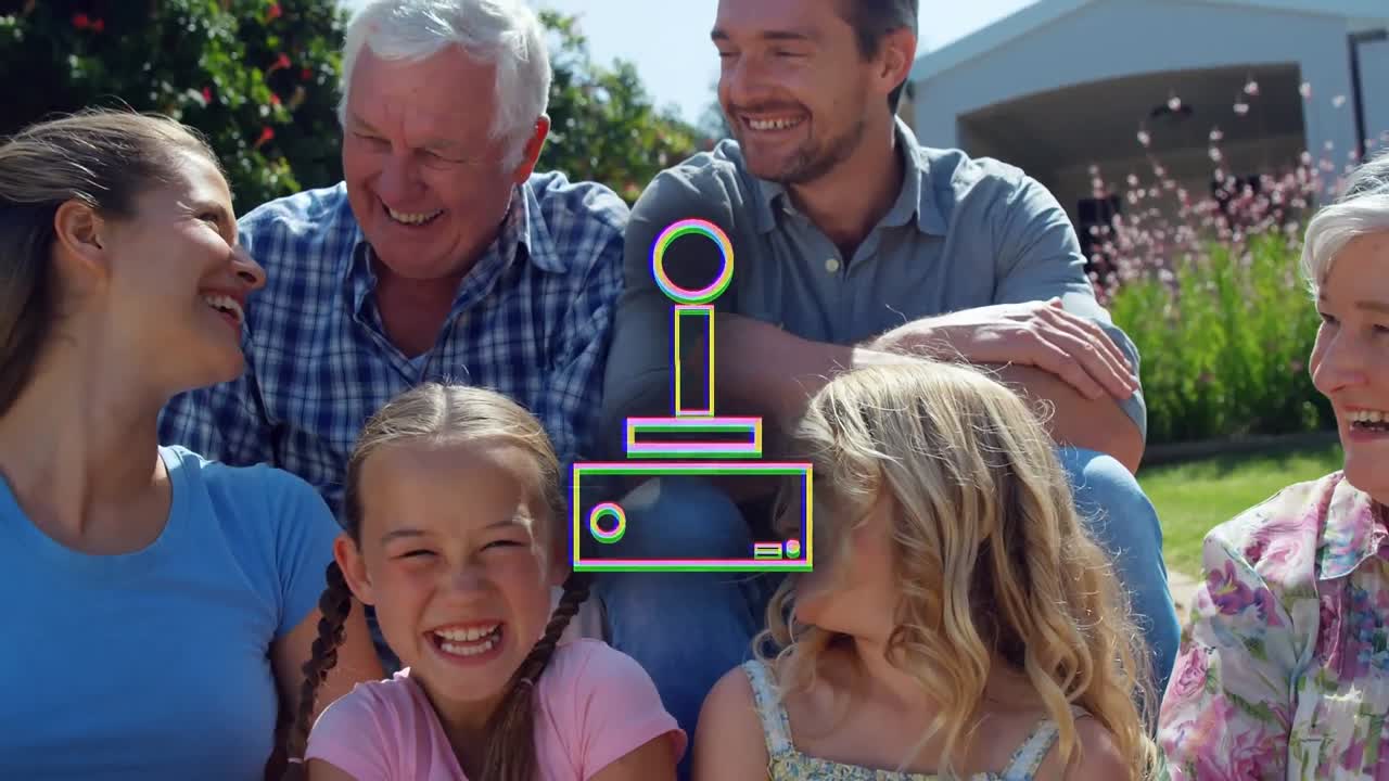 게임 패드 아이콘의 애니메이션이 백인 가족의 미소 위에 있습니다.