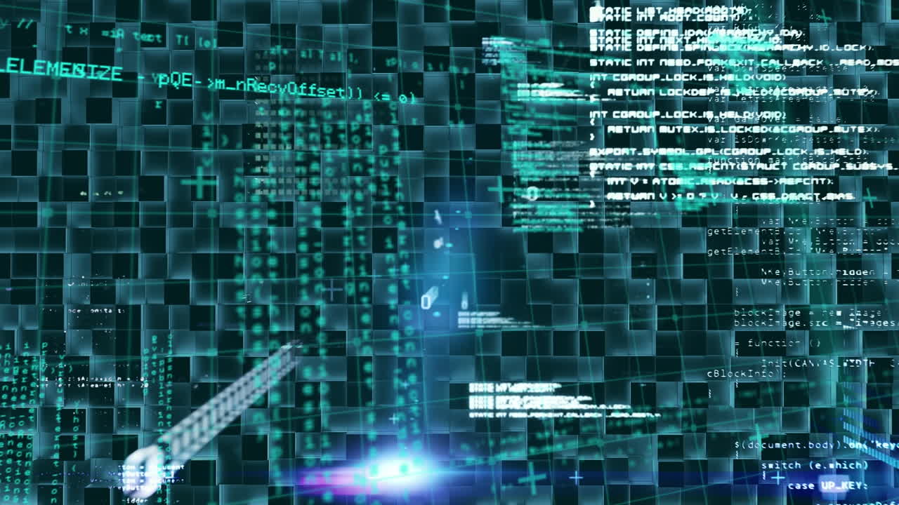 Digital animation of data processing over grid network against textured blue background