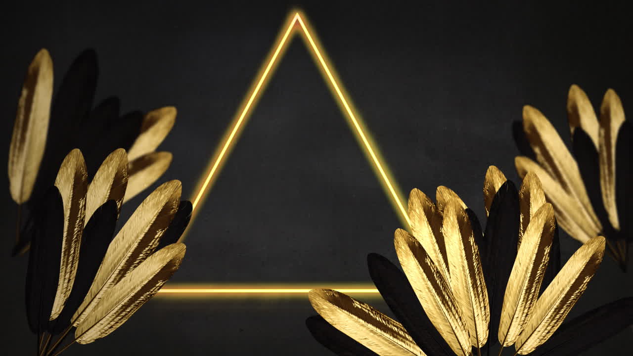 회색 배경의 잎 위에 복사 공간과 네온 삼각형의 애니메이션