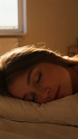 young woman sleeping peacefully in bed with morning sunlight