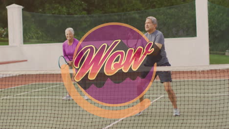 senior man and woman playing tennis on court, displaying colorful ‘wow' graphic overlay for health