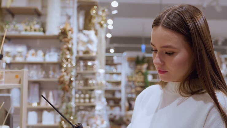Young lady in a perfume section of a large mall picks up a perfume bottle, smells it, observes it, and then drops it back, blurred background adds depth to the mall shopping scene