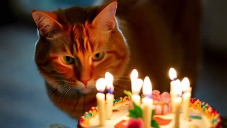 gato de jengibre celebrando su cumpleaños con pastel y velas