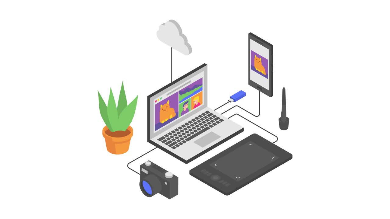 Laptop smartphone graphic tablet camera flash drive cloud flower animation two. Composition in isometric. Alpha channel