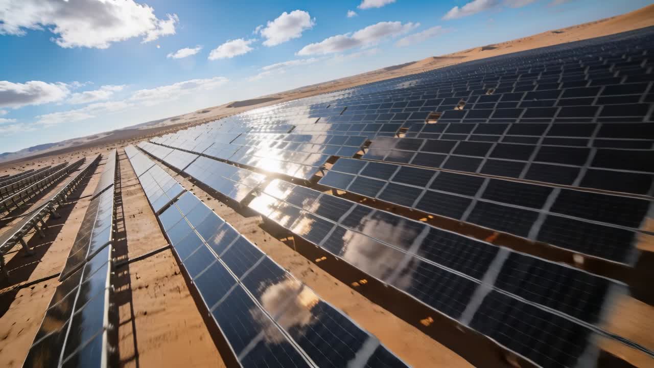 Kameraet bevæger sig hen over rækker af solpaneler, solrefleksioner glimter og viser solenergiens omfang.
