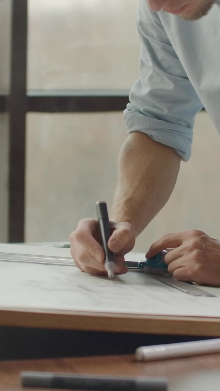 Architect Drawing Technical Blueprints on Drafting Table