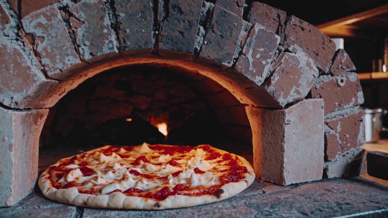 Pizza in cottura in un tradizionale forno a legna in mattoni