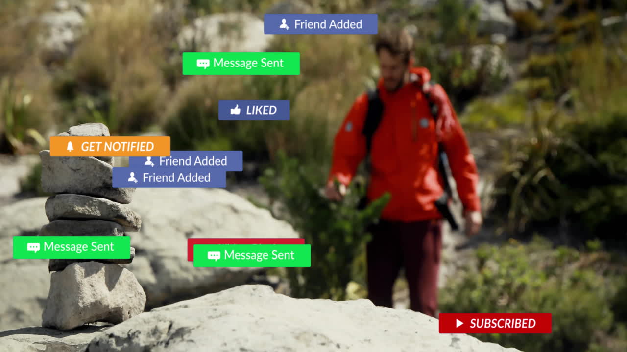 Animation of hiker in red jacket surrounded by notifications in nature