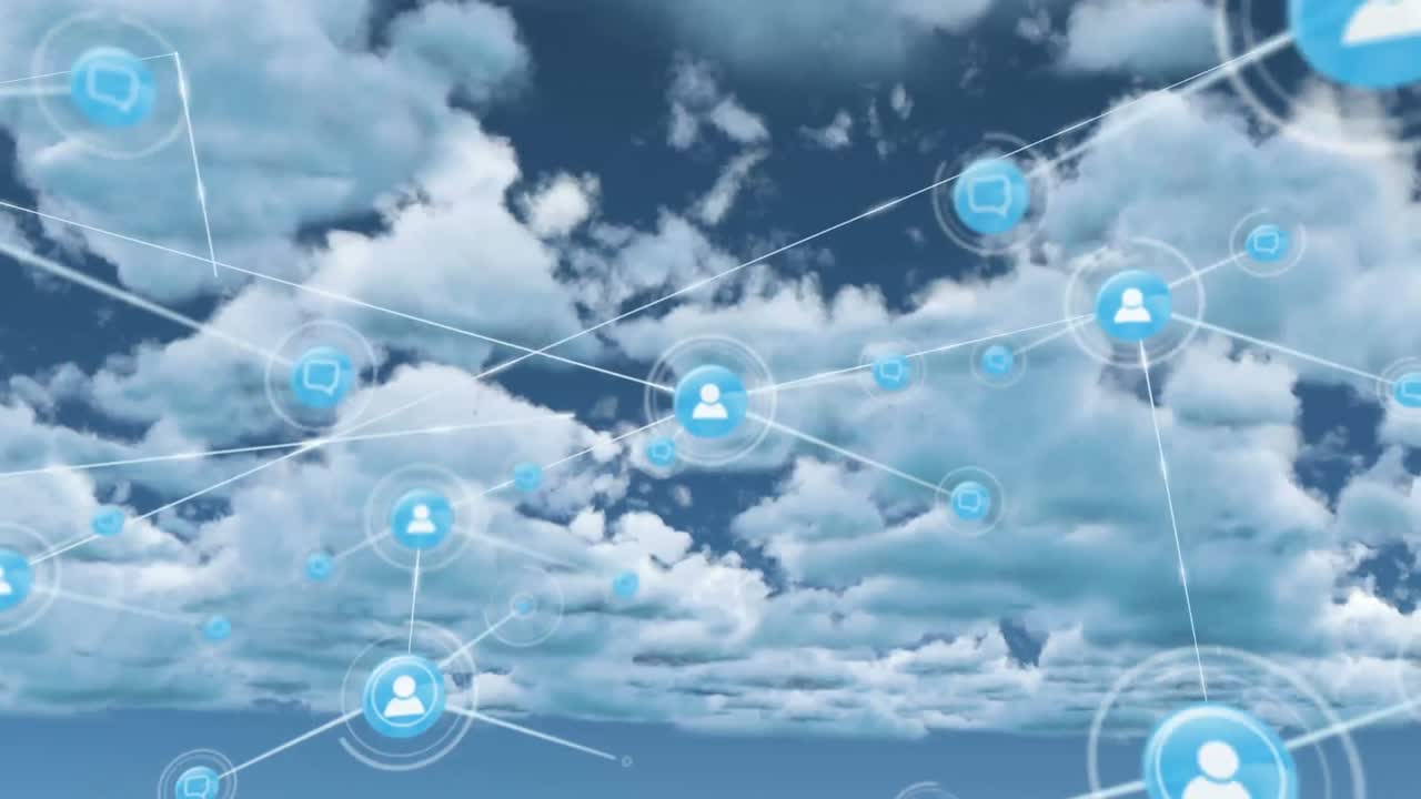 구름이 가득한 하늘 위의 아이콘과 연결된 네트워크