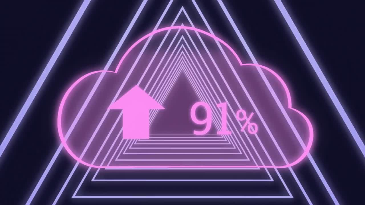 네온 삼각형 위에 점점 더 많은 수의 구름의 애니메이션