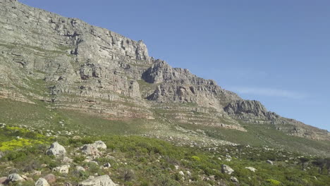 Luftaufnahme-Eines-Malerischen-Drohnenfluges-Aus-Der-Luft-Auf-Den-Tafelberg-In-Der-Späten-Nachmittagssonne-Vor-Blauem-Himmel