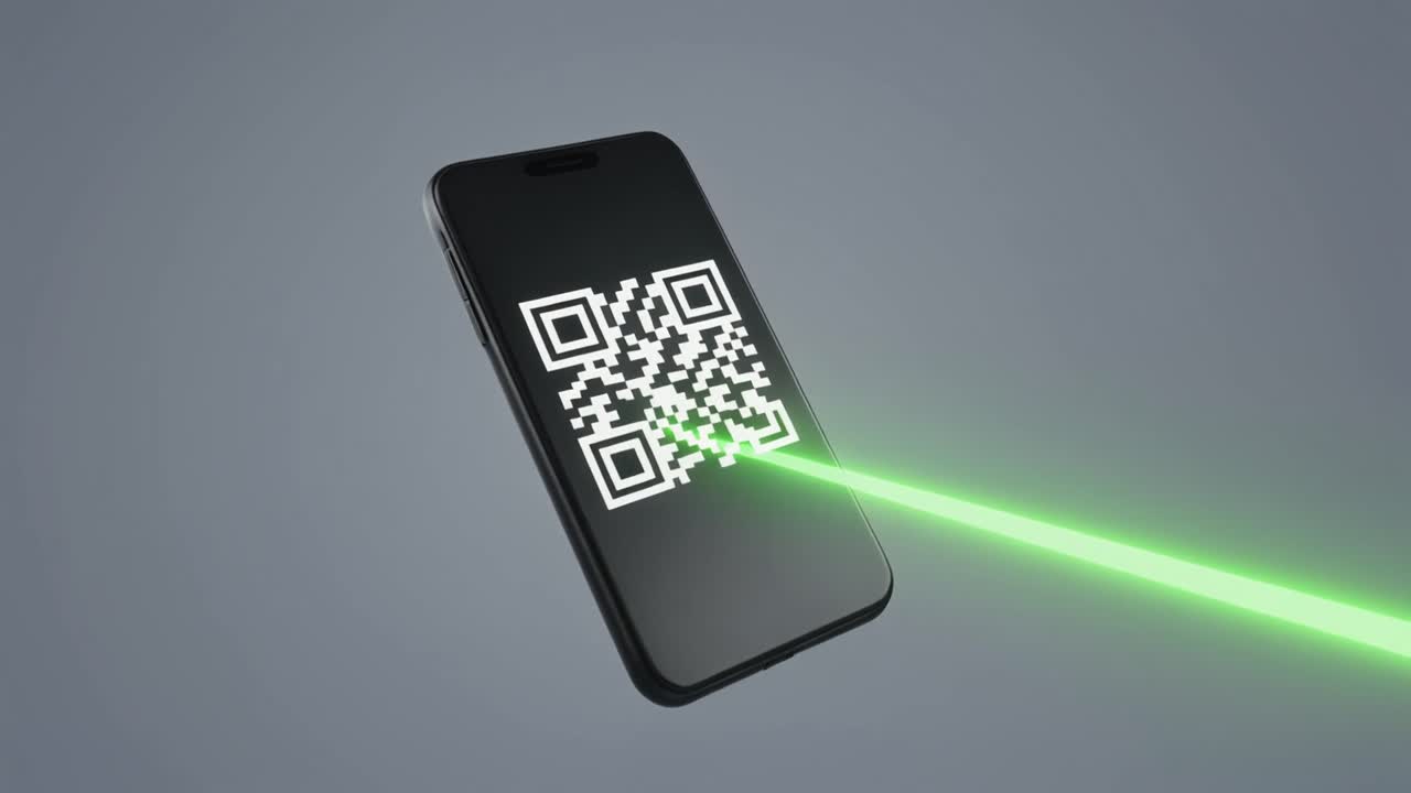 Smartphone Displaying QR Code Scanned by Green Laser Beam