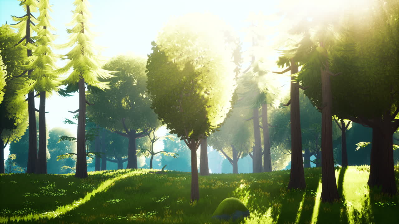 мультфильм зеленый лесный пейзаж с деревьями и цветами