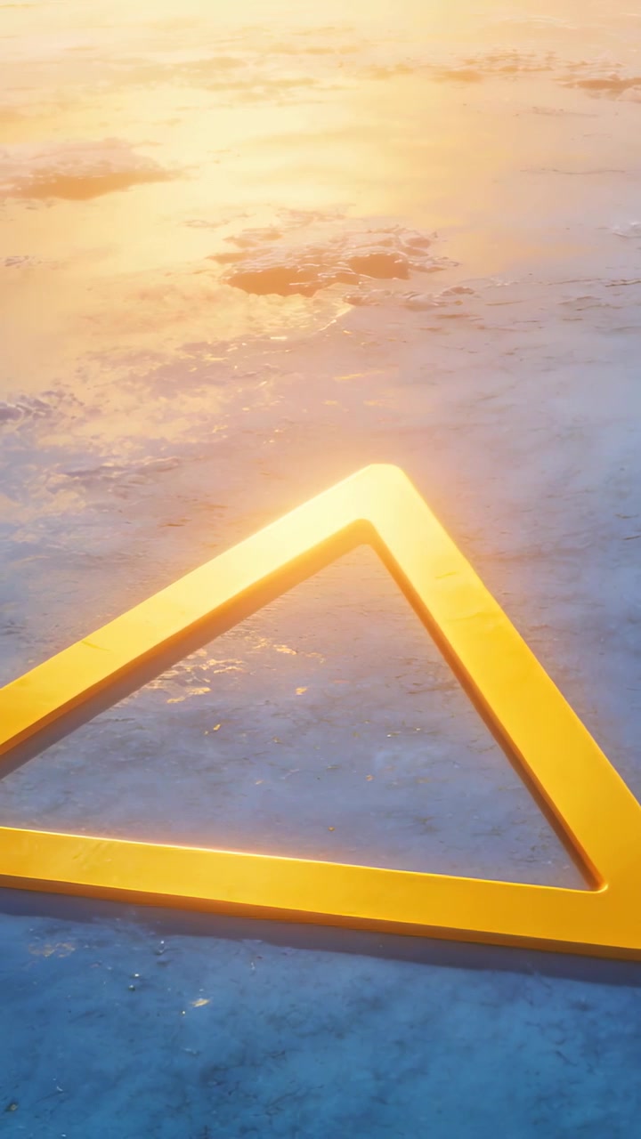 Vertical video: Moving yellow triangular frame rising on textured floor, warm light sweeping apex