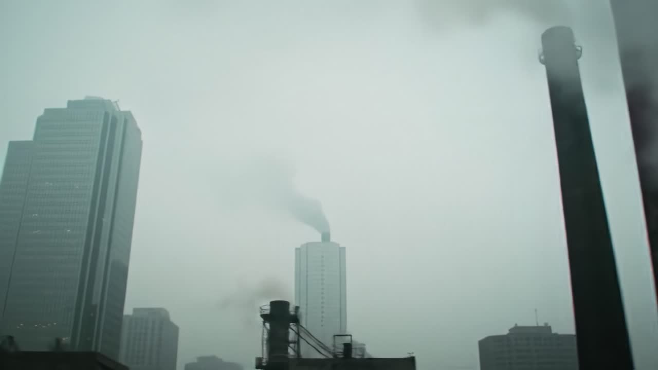 A Gloomy Urban Landscape Shrouded in Fog and Pollution with Towering Buildings and Rising Smoke Emitting from Industrial Structures