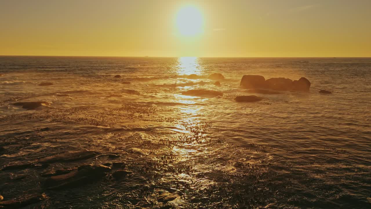 부드러운 파도가 해안에 부히며 조용하고 매혹적인 장면을 만니다.