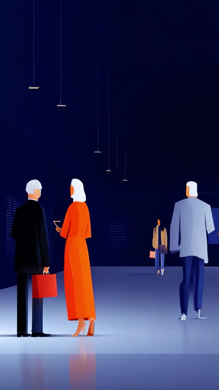 A stylish encounter in a modern art space featuring figures in vibrant attire amid a sleek, illuminated environment, showcasing contemporary interactions