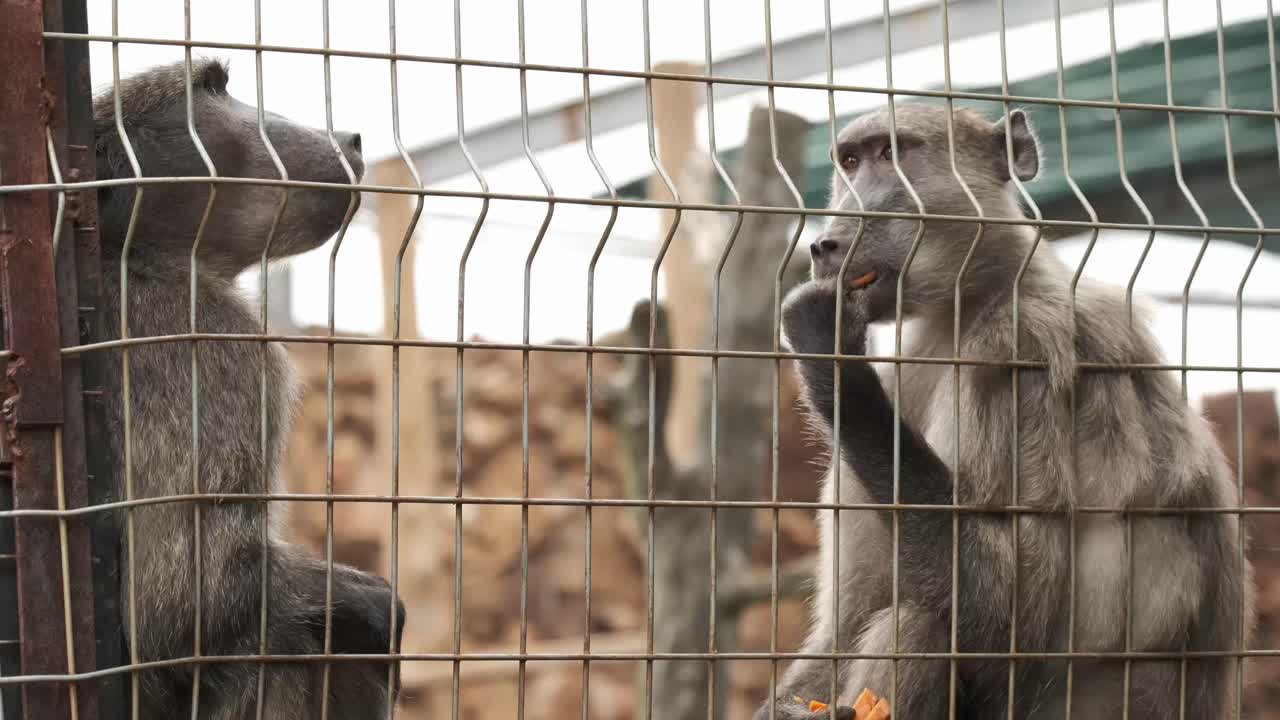 Baboon eating in a cage