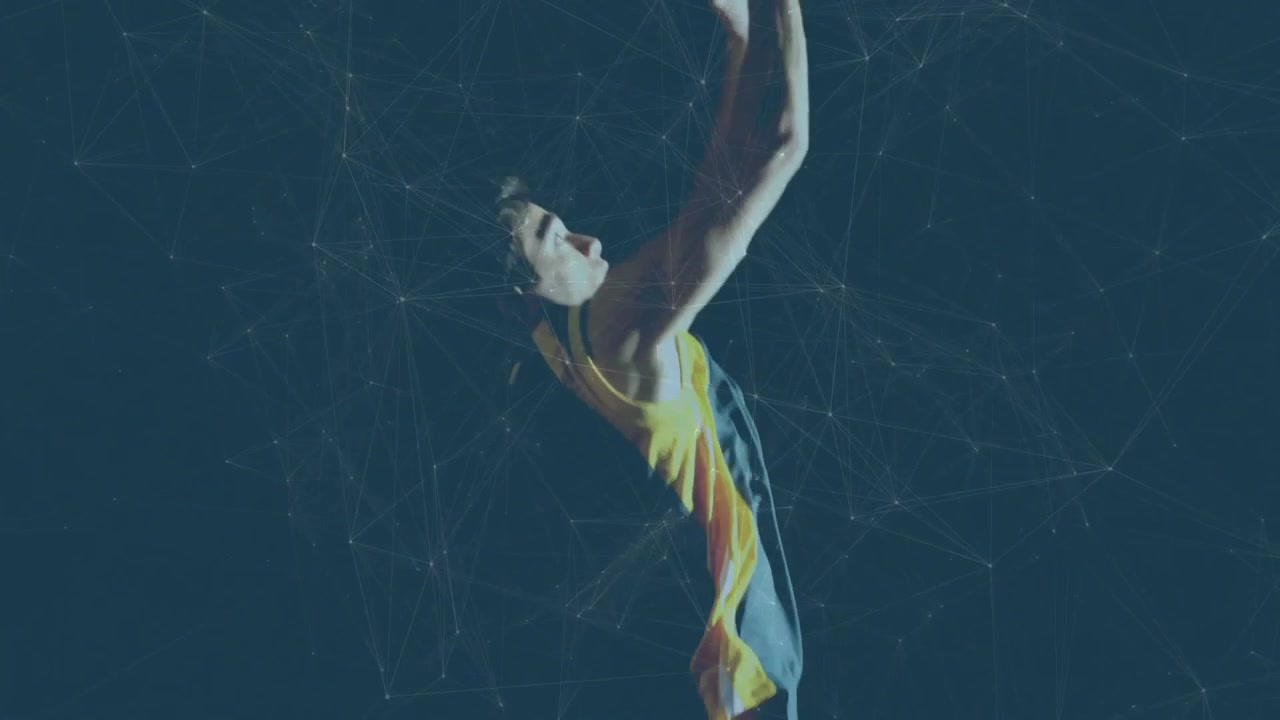 Male athlete jumping in dark technology network void, displaying glowing nodes and connecting lines