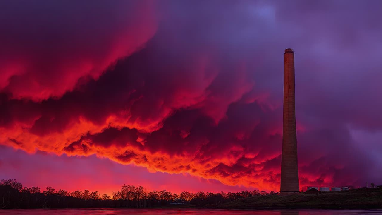 Majestætisk himmel: En tårnhøj skorsten i silhuet mod en dramatisk solnedgang med brændende skyer og levende farver, der spejles i det rolige vand nedenfor