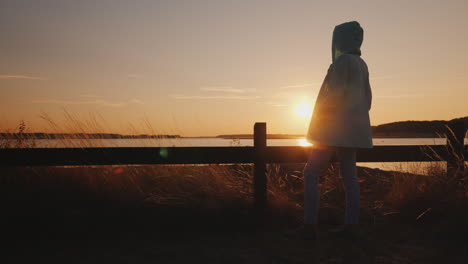 Einsame-Frauensilhouette,-Die-Am-Zaun-Sitzt-Und-Den-Sonnenuntergang-über-Dem-See-Bewundert