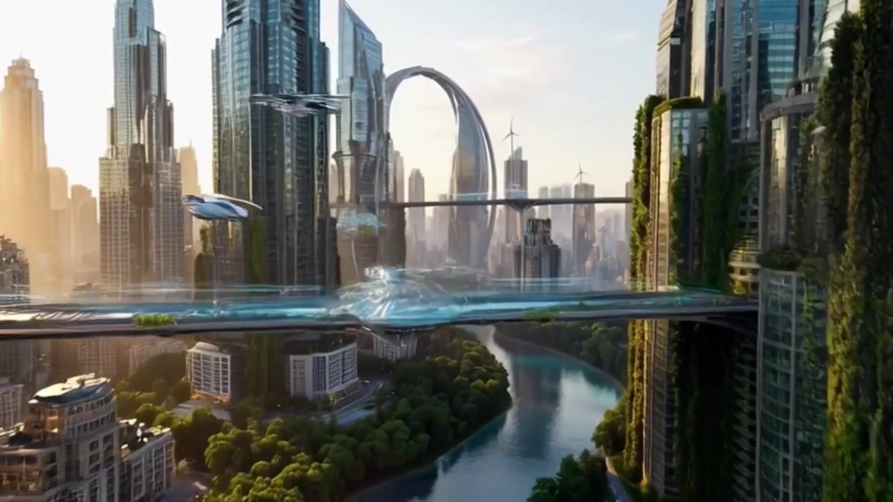 Futuristic Cityscape with Flying Vehicles and Lush Green Skyscrapers