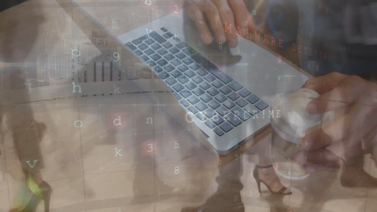 animación de las manos de un hombre caucásico con una computadora portátil en time-lapse con diversos hombres de negocios