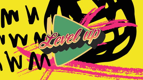 animation of level up text over colorful graphics and shapes