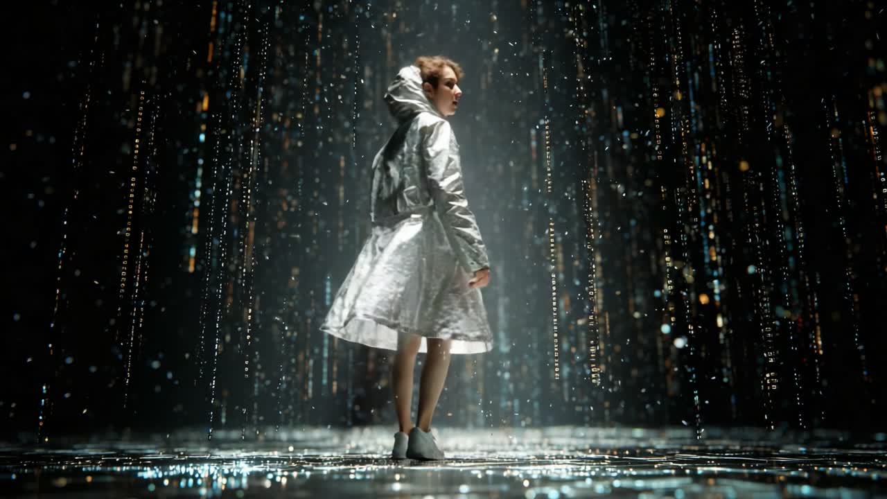 A figure stands in a mesmerizing cascade of shimmering droplets, draped in a reflective silver coat, absorbing the enchanting ambiance of a rain-like digital shower, evoking tranquility and wonder