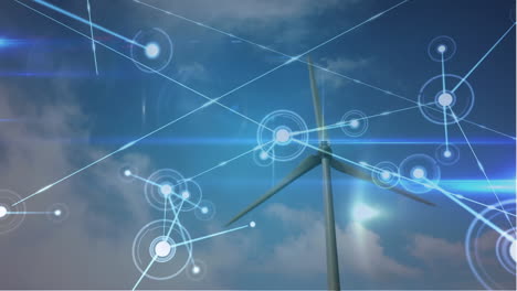 animation of network of connections over wind turbine and sky