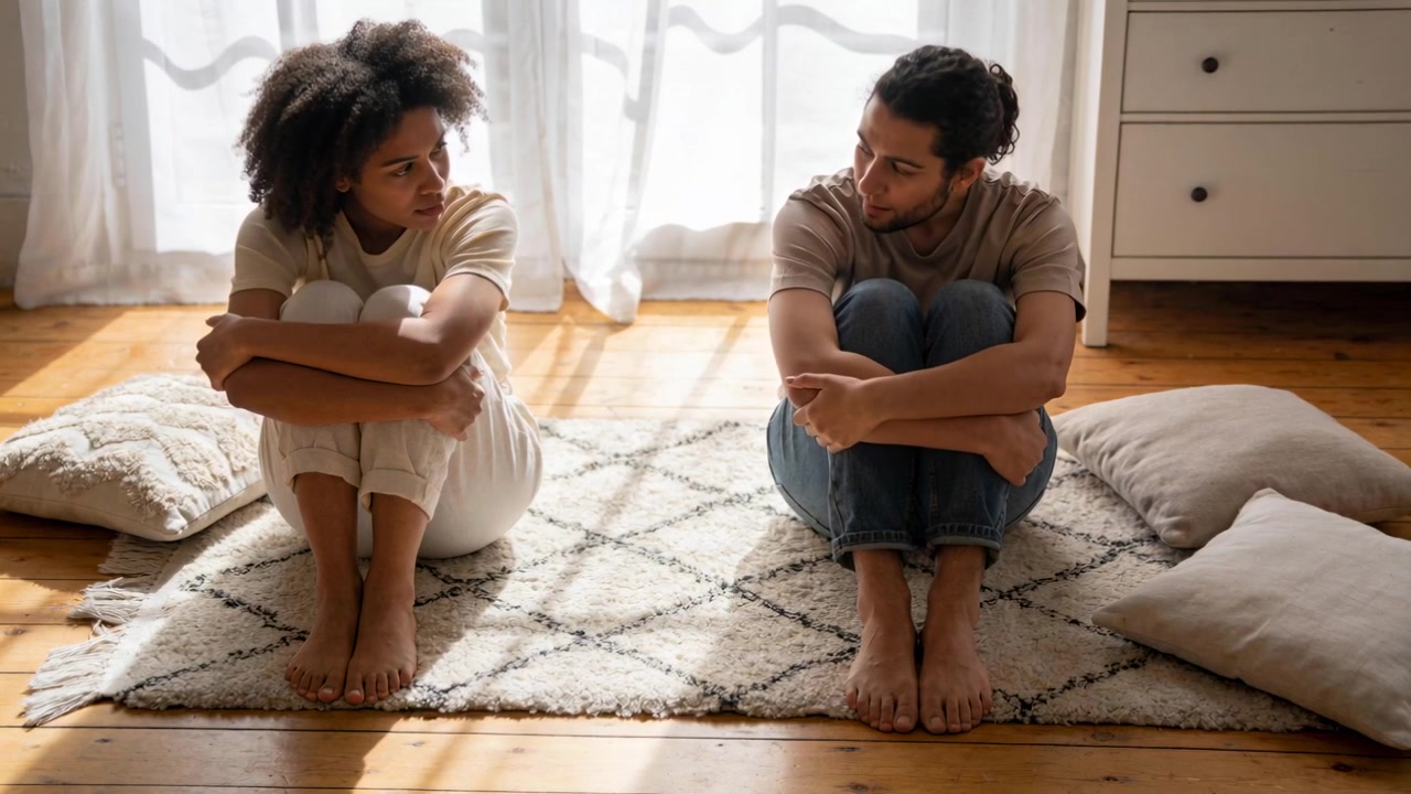 Lifting head, left woman meeting man's gaze, smiling, lowering head at home on rug to connect